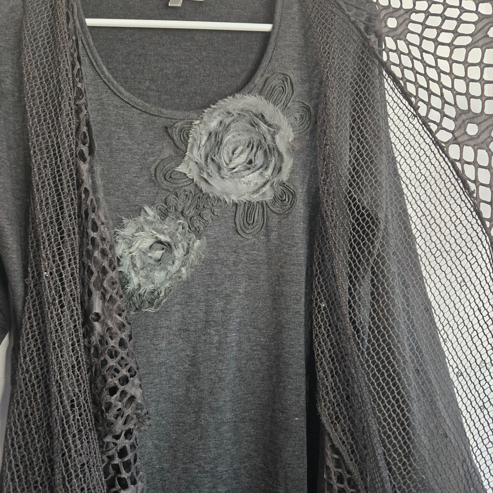 Pretty Angel Women Charcoal Gray Silk Blend Floral Applique Mesh Layered Tunic L - Picture 6 of 16